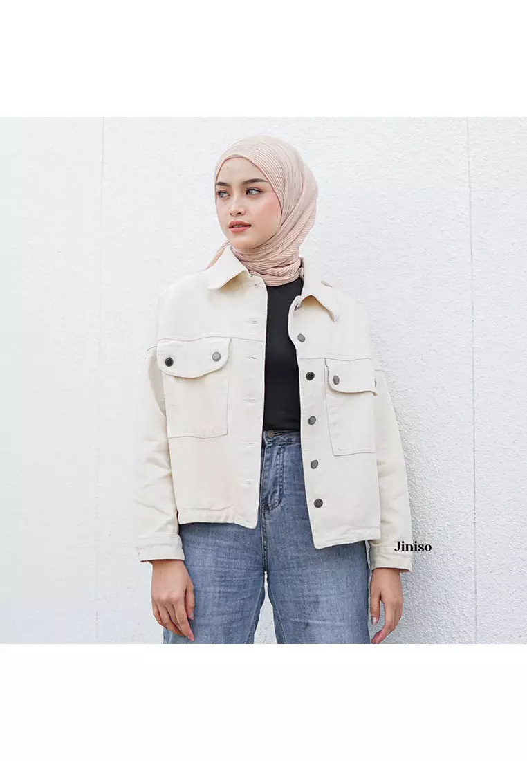 Jaket Crop Jeans Oversize Pocket Khaki