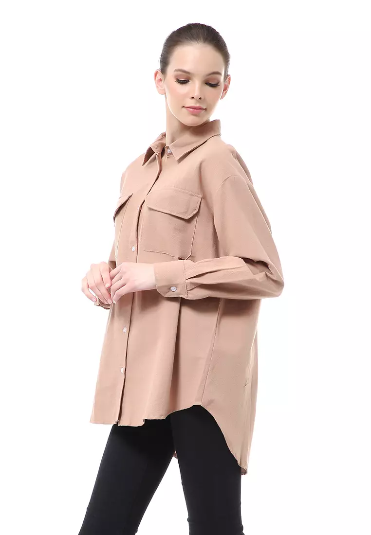 Brielle Atasan Wanita Kemeja Oversize Lengan Panjang Double Pocket Material Linen ORIGINAL - Caramel