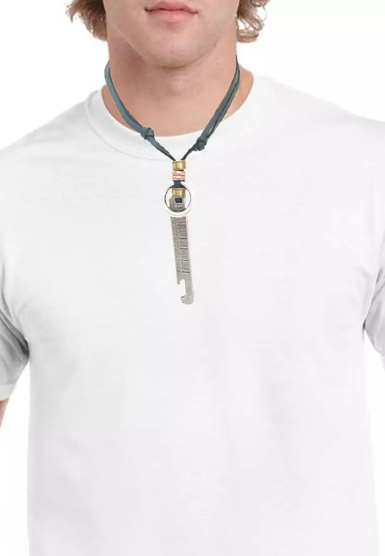 Aksesoris Kalung Kulit Pria Measuring Tool Leather Necklace Black & Silver