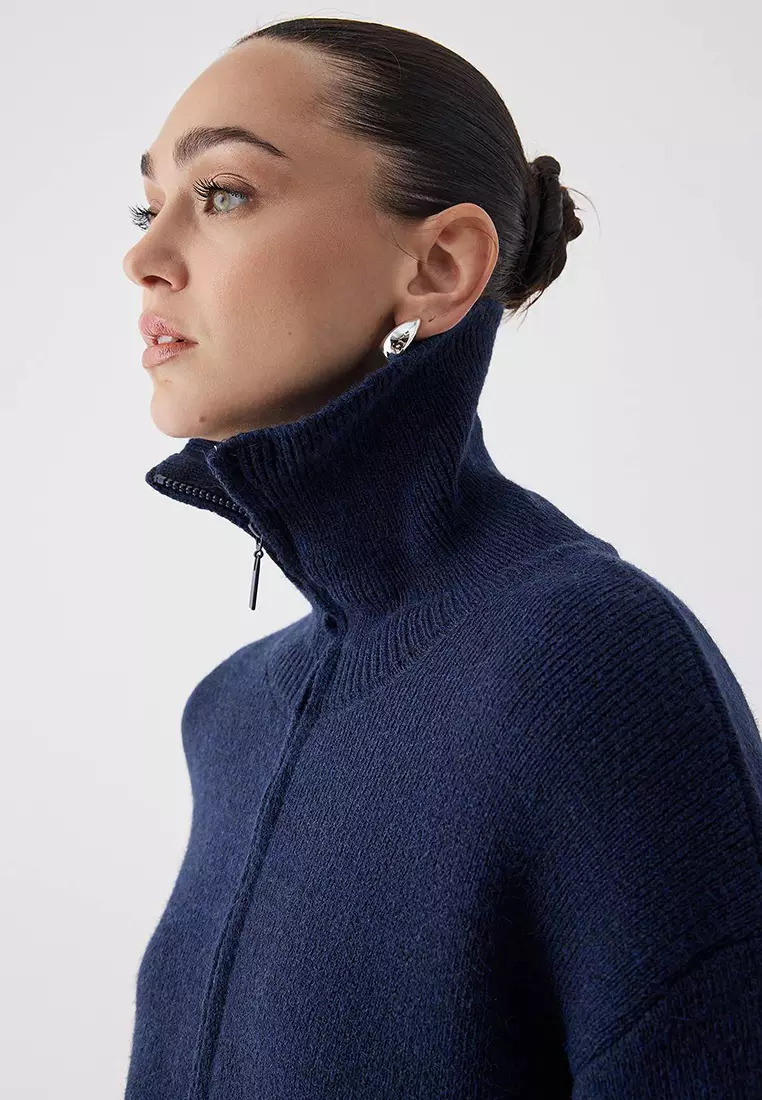 Navy Blue Turn Down Collar Soft Texture Wide Fit Zippered Knitwear Cardigan