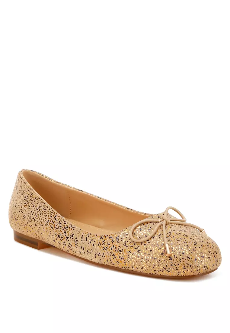 Bow Detail Embossed Suede Ballerinas Gold