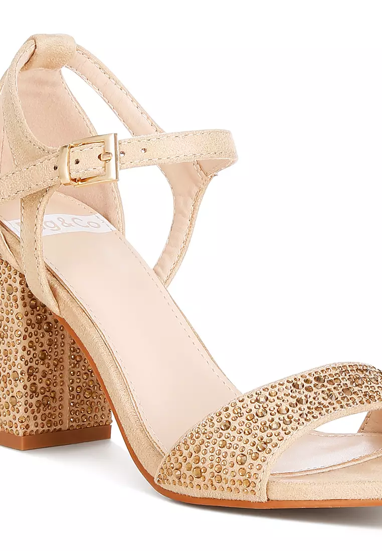 Rhinestones Embellished Sandals in Beige