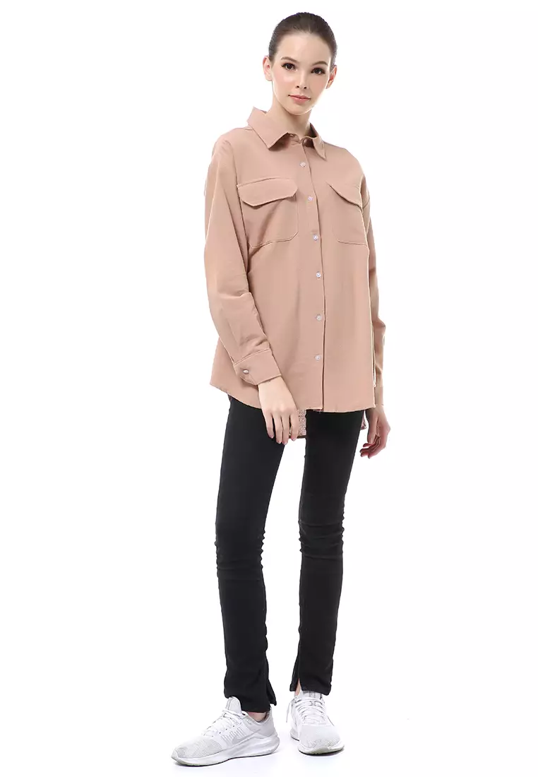 Brielle Atasan Wanita Kemeja Oversize Lengan Panjang Double Pocket Material Linen ORIGINAL - Caramel