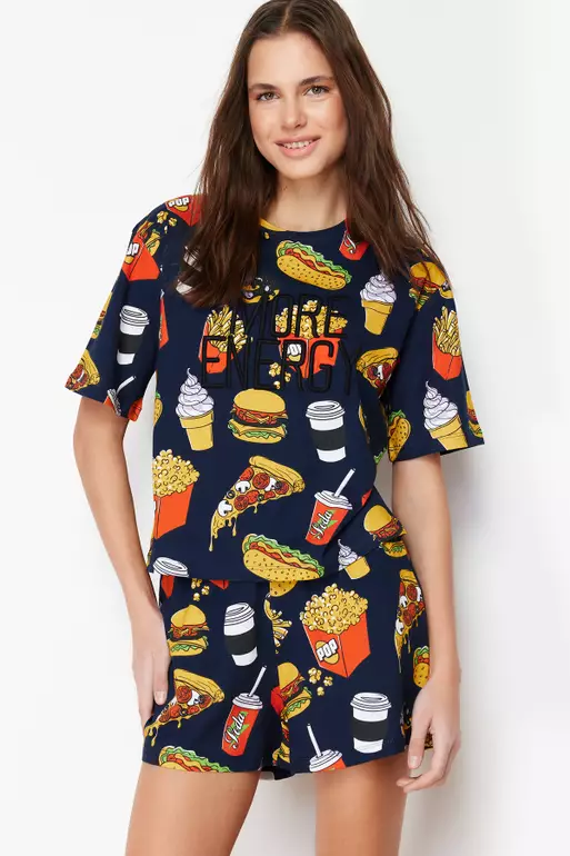 Navy Blue-Multi Colorful Slogan Embroidered Knitted Pajama Set With Shorts