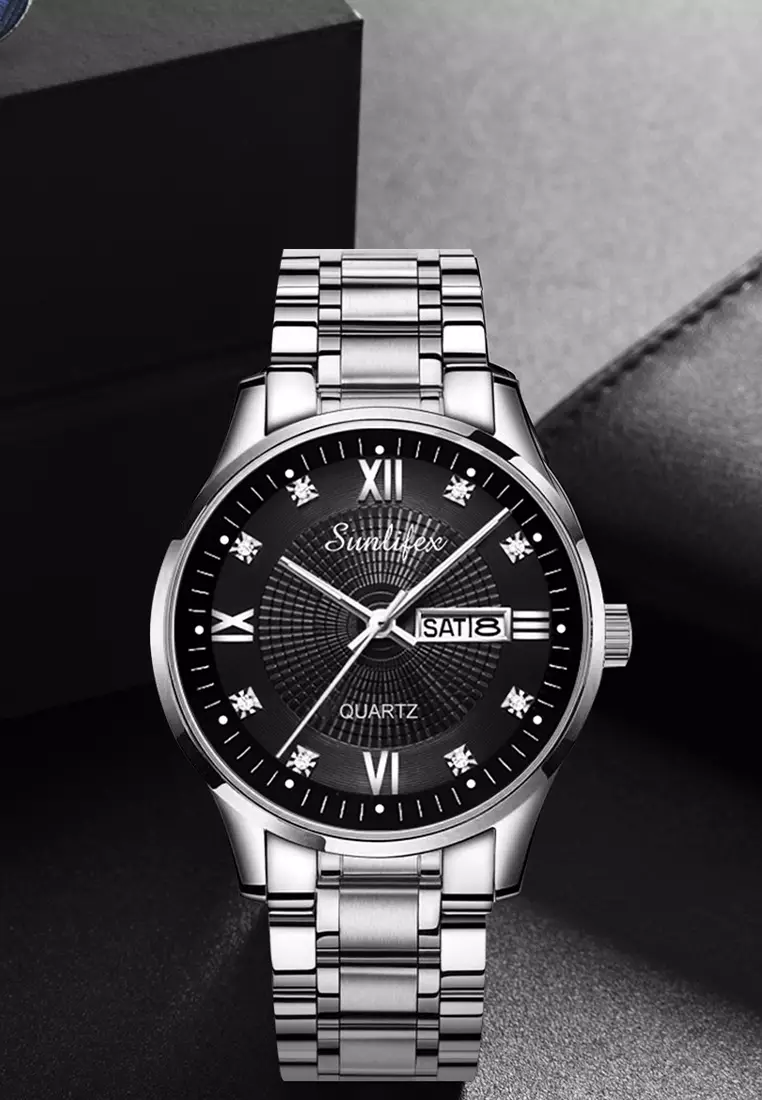 Jam Tangan Pria Original 9011 Anti Air Kuarsa Jam Pria Calendar Tali Stainless Steel Jam Tangan Cowok silverblack