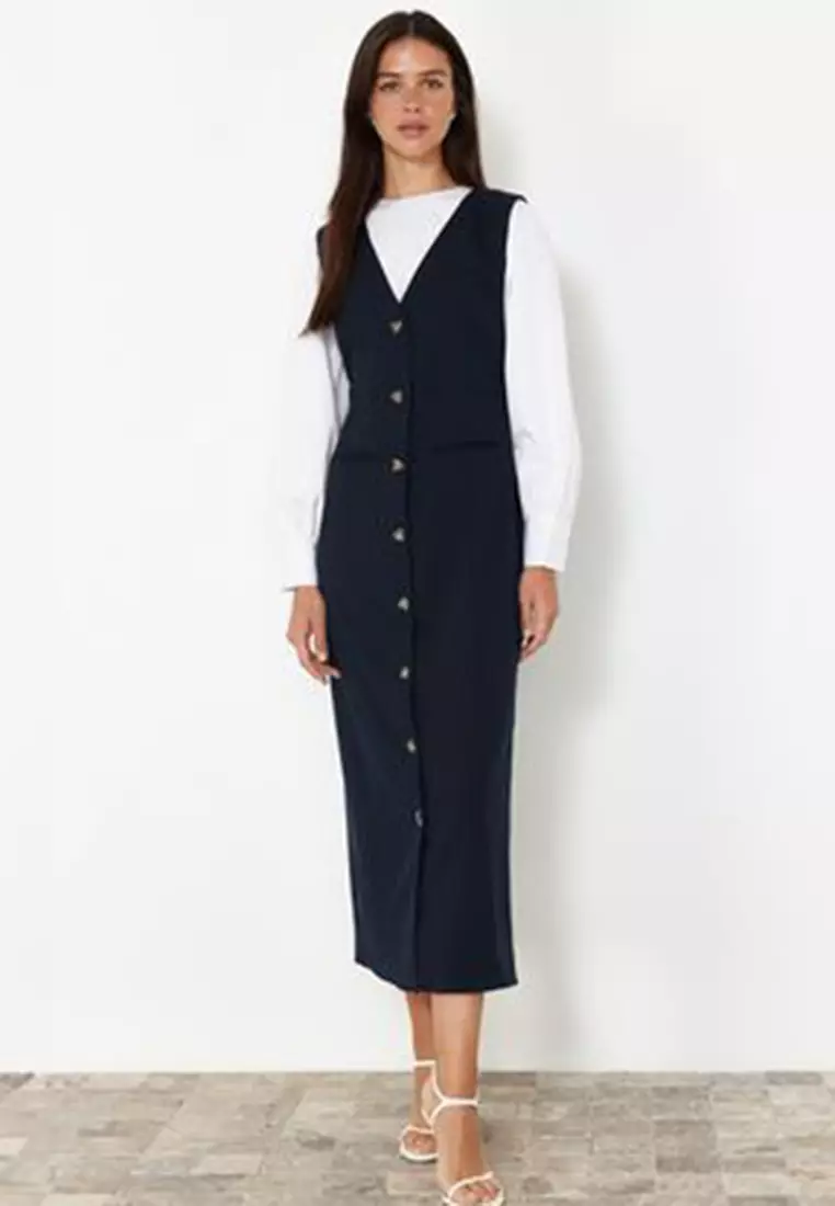 Navy Blue Woven Fabric Gilet Dress Tctss24Eb00202