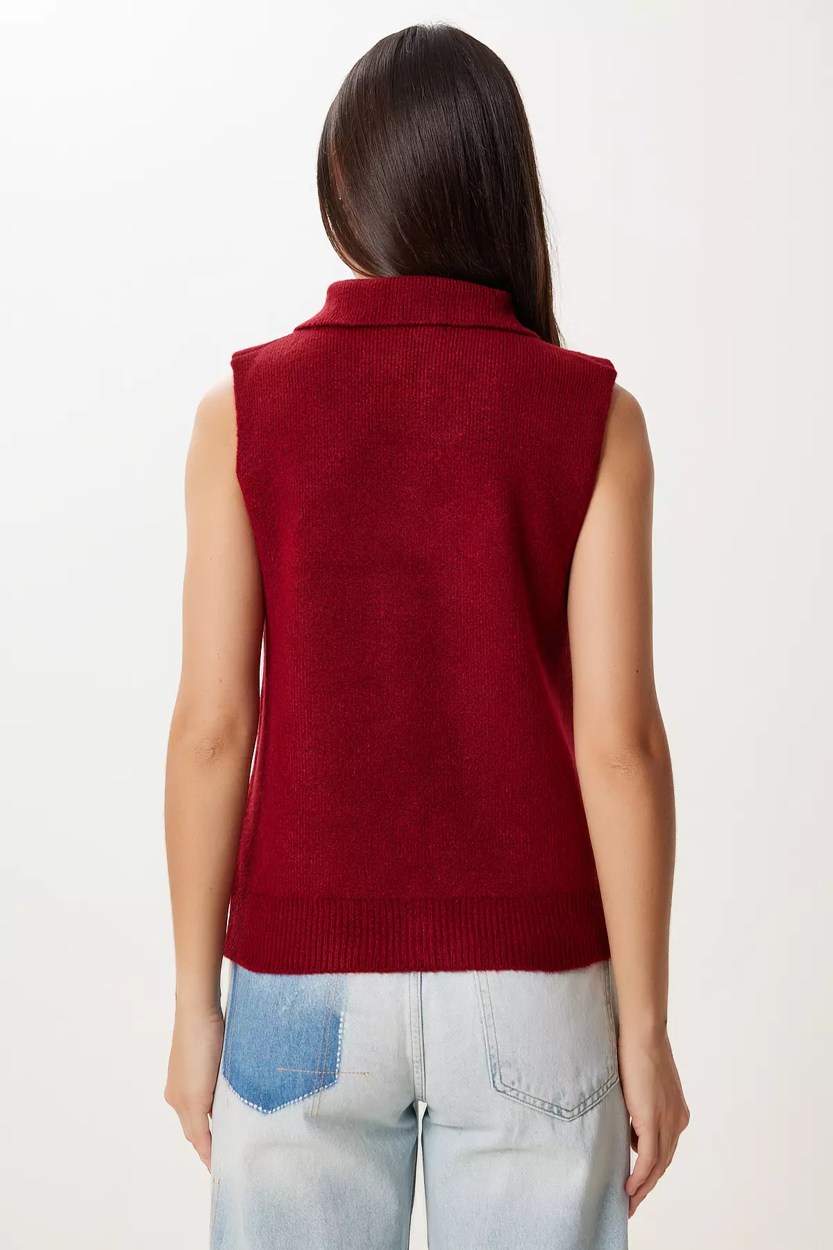 Women's Burgundy Polo Neck Knitwear Vest Yy00244