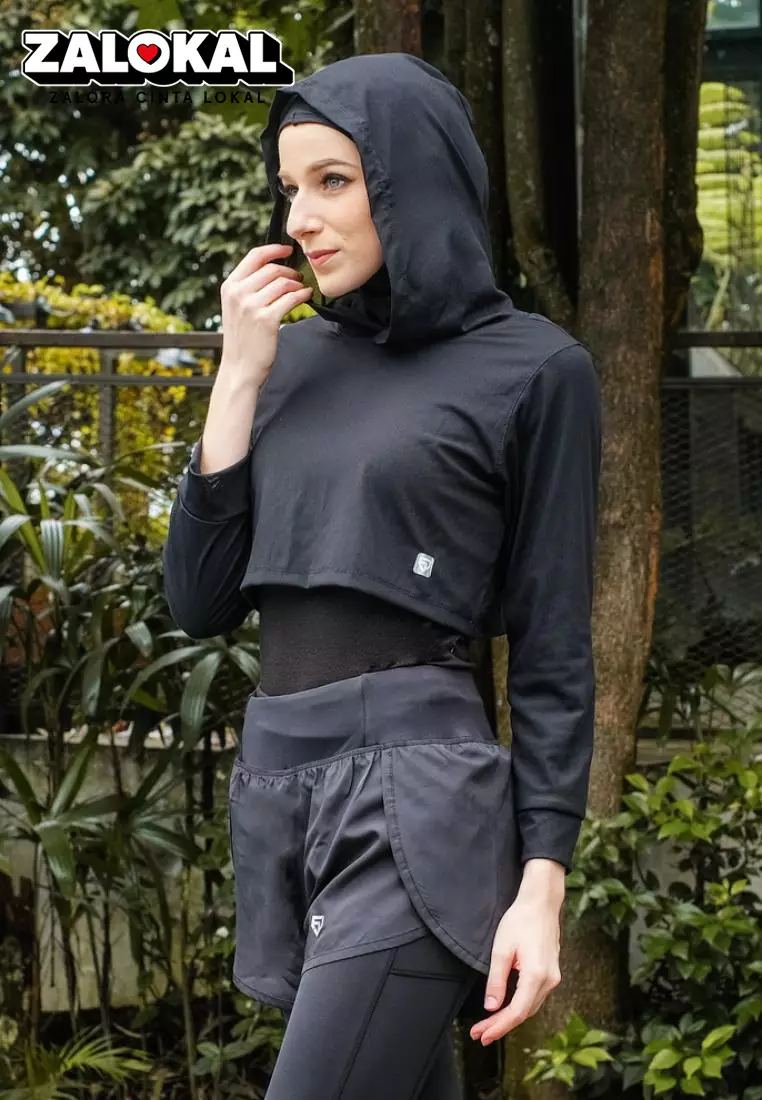 Fitwear - Croptop Jaring / Mesh / Sheer Olahraga BRENDA OUTER HOODIE LS CRP - BLACK