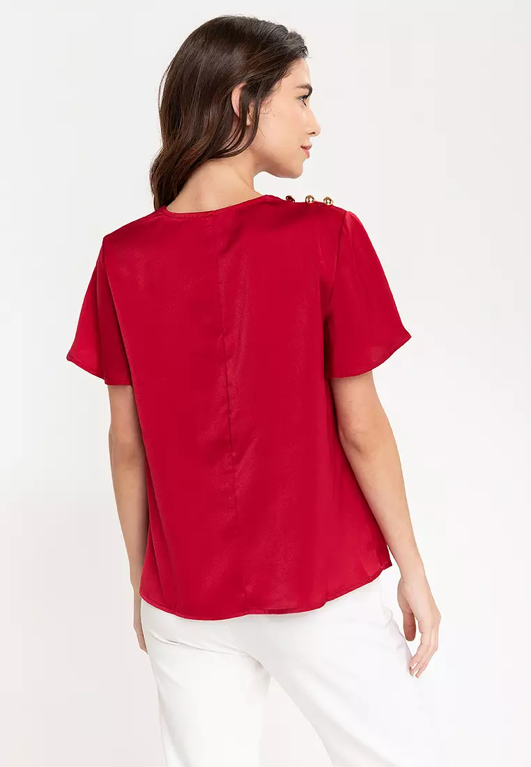 Camie Asymmetrical Neckline Top With Shoulder Pleats