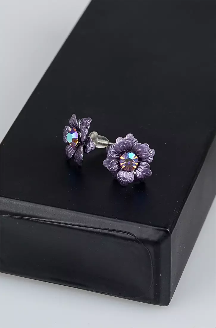 Purple Flower Earrings with Austrian Element Crystal