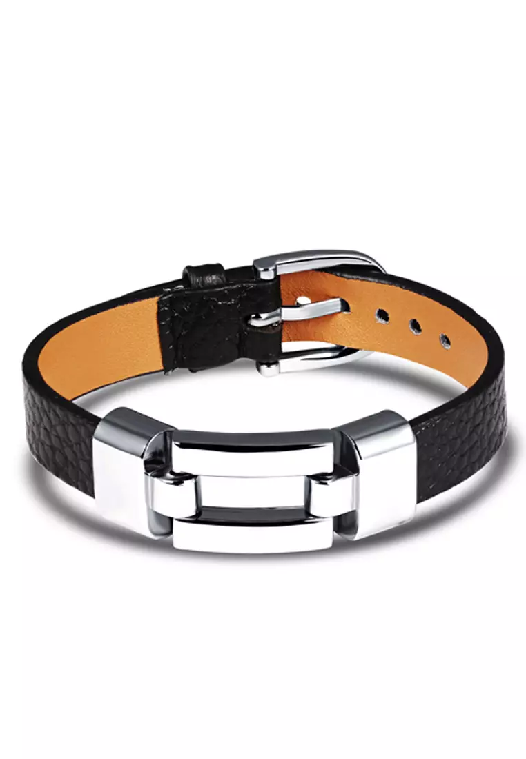 Buy Oxhide Oxhide Leather Bracelet -2 Engaged Silver Bars_black