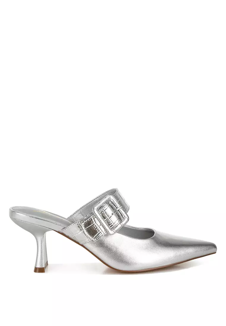Discount on London Rag  shoes - SKU: Large Buckle Kitten Heel Mules In Silver