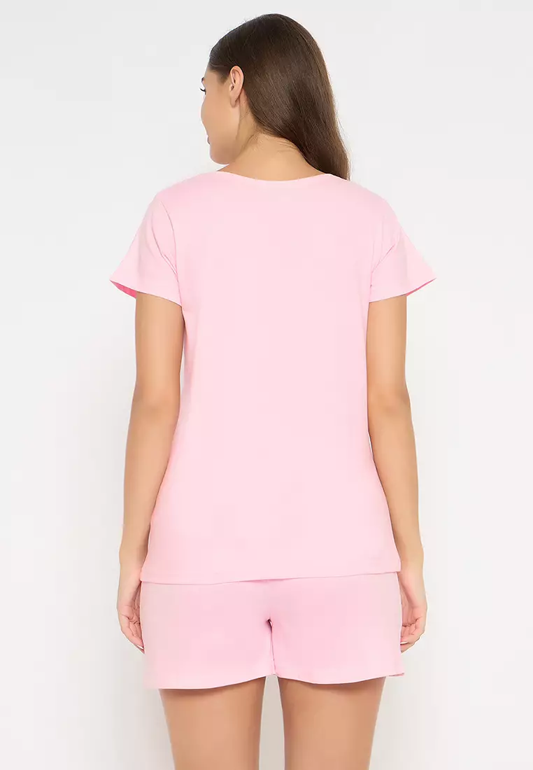 Clovia Panda Print Top & Chic Basic Shorts Set in Baby Pink - 100% Cotton