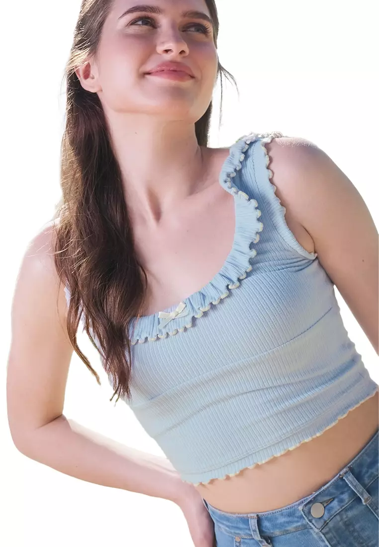 Buy JUST G Pointelle Ruffle Top With Contrast Edge And Bow 2026 Online ...