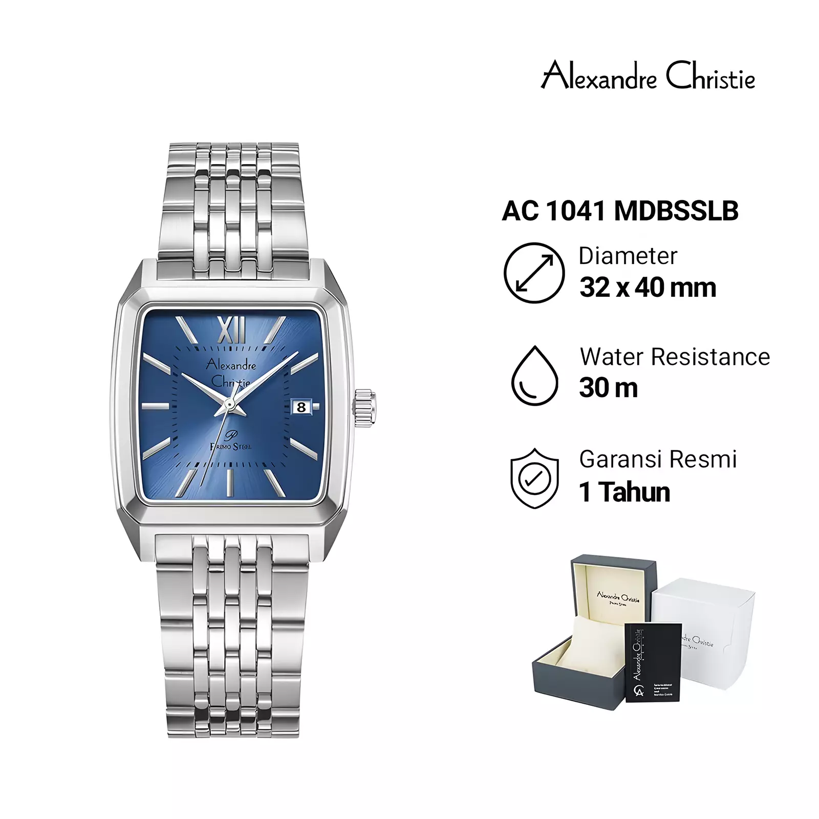 Alexandre Christie Primo Series - Jam Tangan Analog Pria - Silver Blue - Stainless Steel - 1041 MDBSSLB