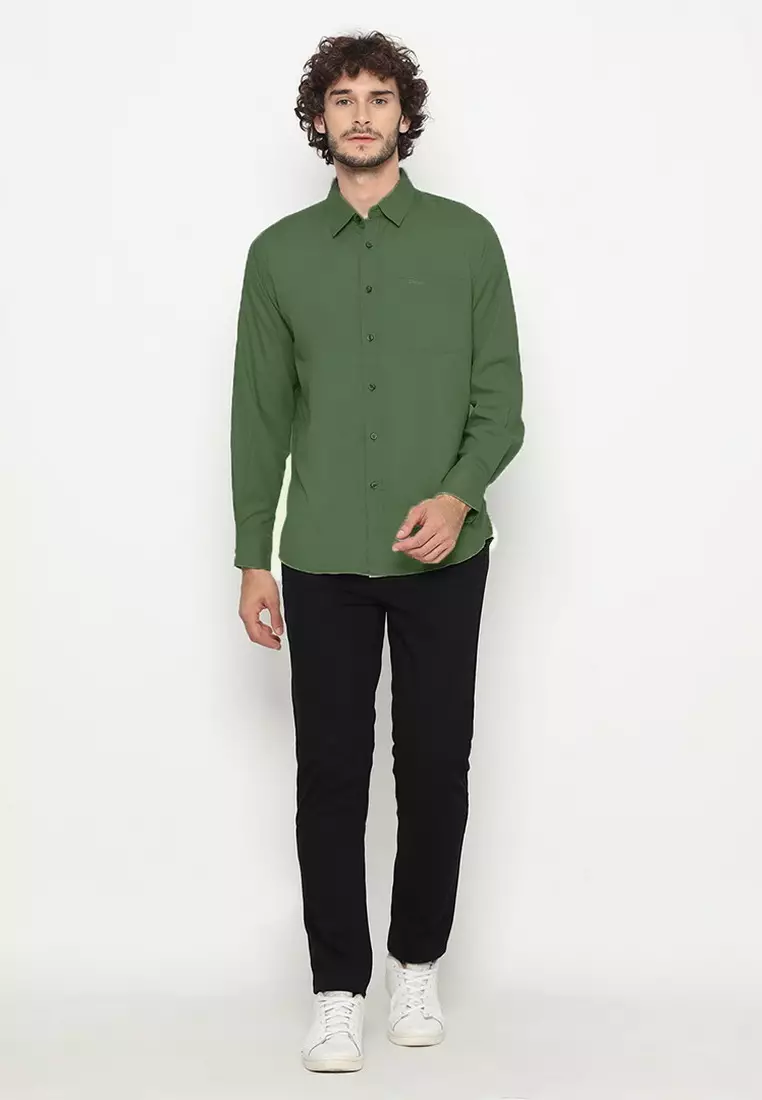 POLICE Kemeja Polos Basic Cotton Soft Olive Regular Fit Lengan Panjang Pria
