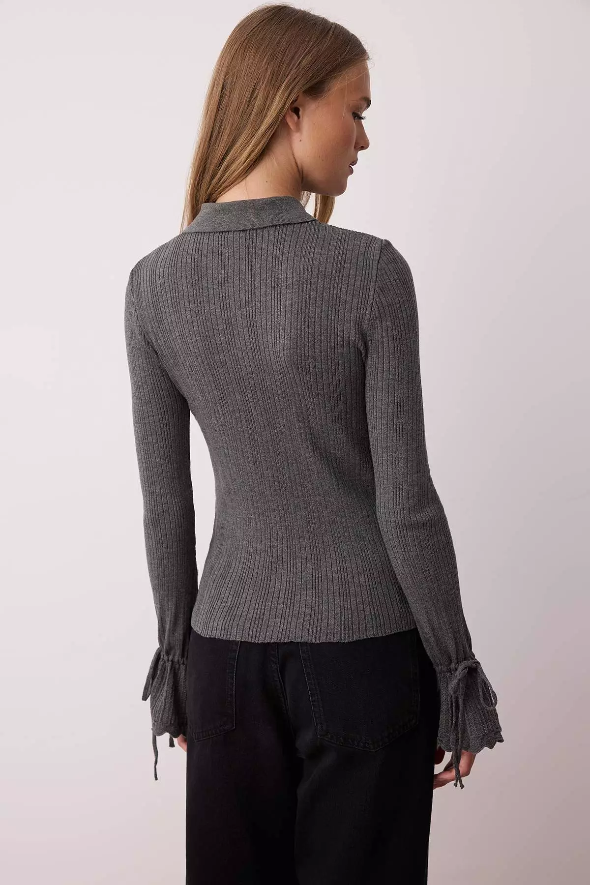 Anthracite Mercerized Look Ribbed Polo Neck Knitwear Cardigan