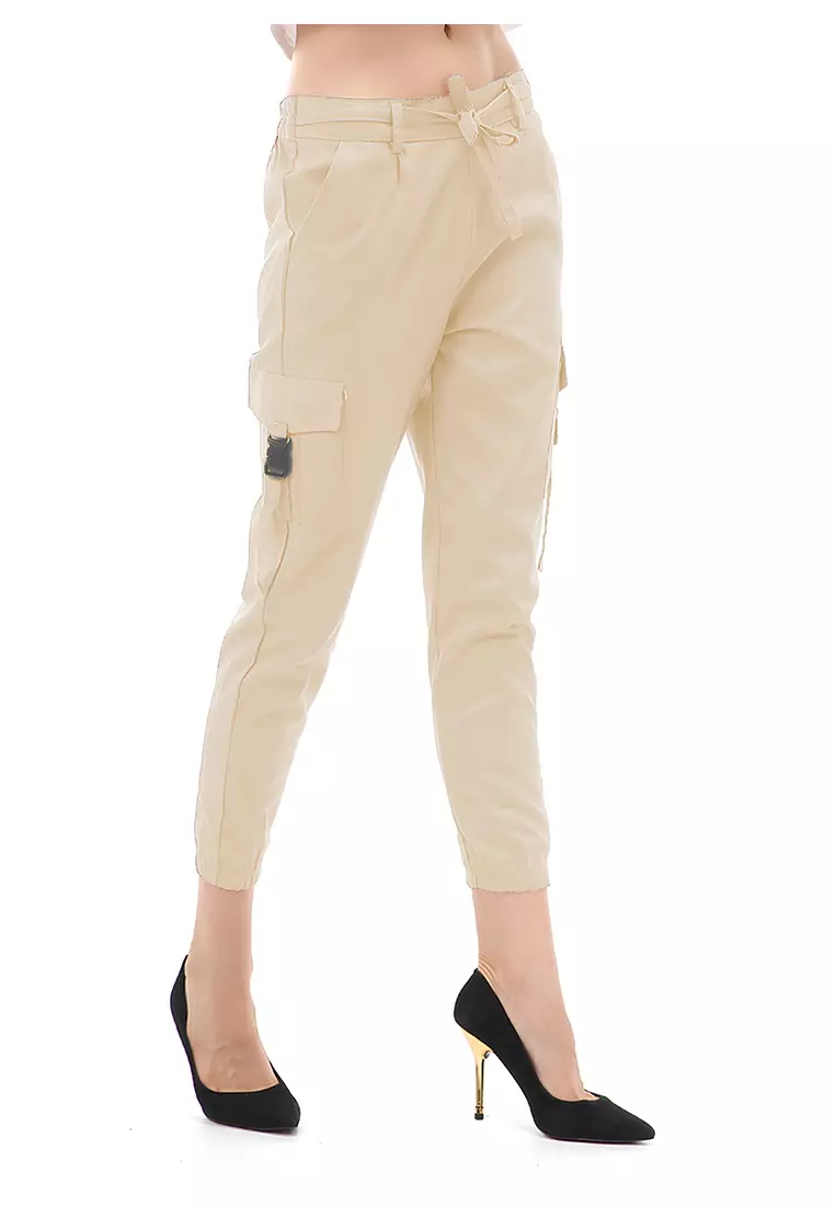 Jourel Celana Panjang Kasual Wanita Jogger Cargo Pants Material Cotton Drill ORIGINAL - Cream
