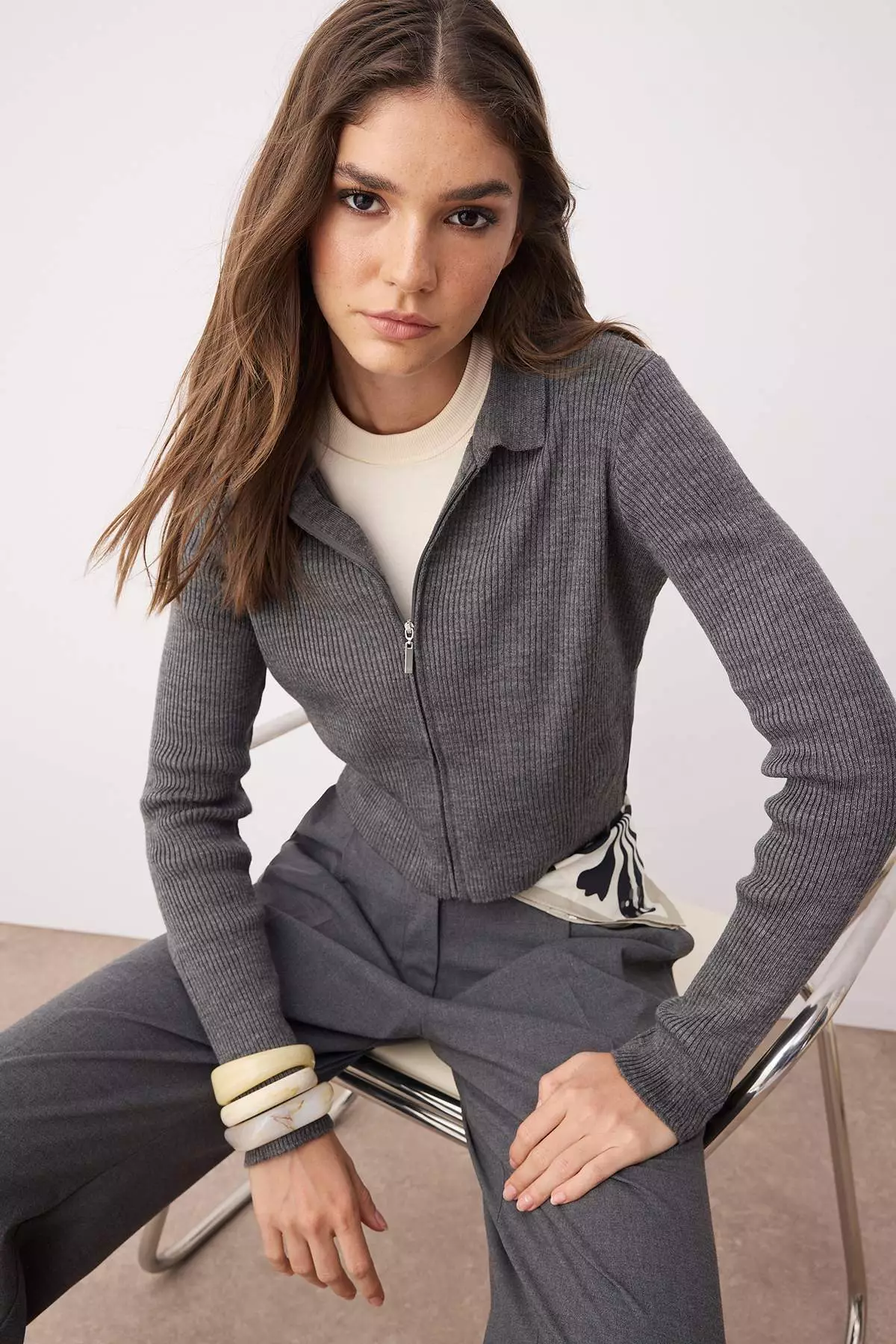 Anthracite Crop Zippered Knitwear Cardigan