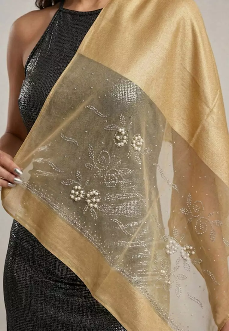 Aksesoris Syal Pesta Wanita Pearly Studs Embellish Floral Silk Shawl Syal Sutra Wanita Evening Shawl Gold& Silver