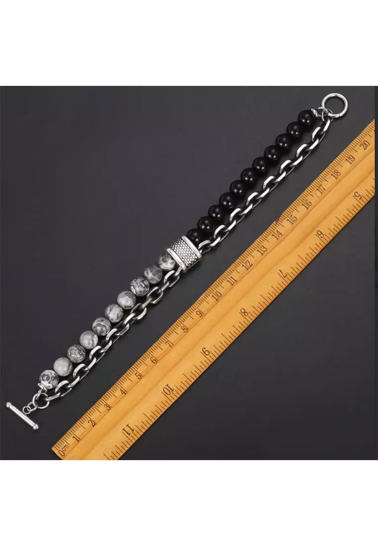 Aksesoris Gelang Pria Howlite Beaded Natural Stone Stainless Steel Chain Bracelet Black , Silver & Grey