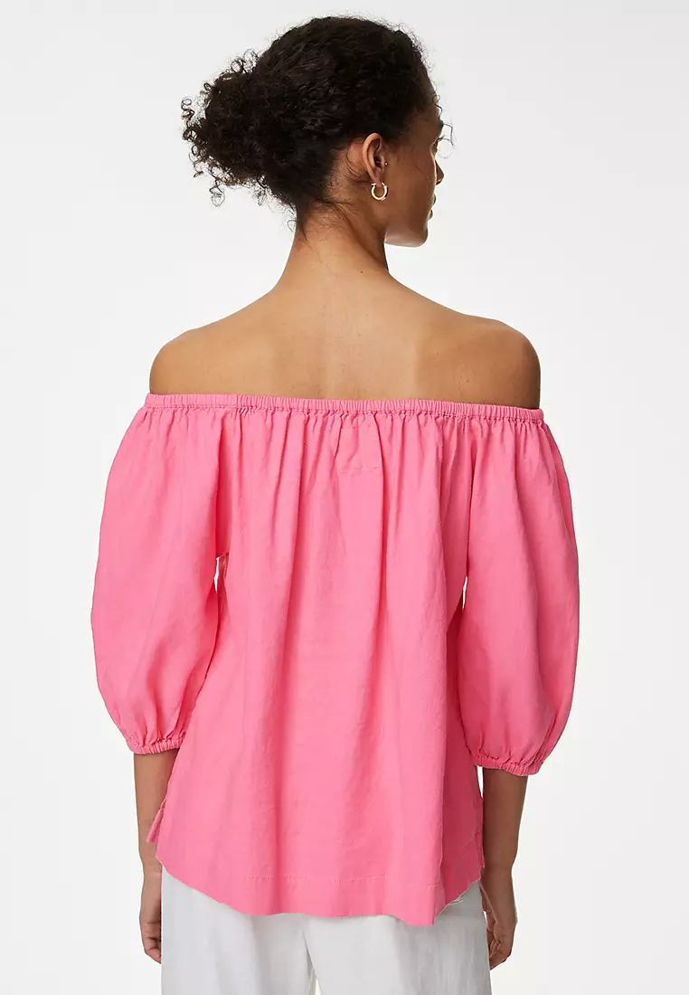 Linen Rich Bardot Puff Sleeve Blouse