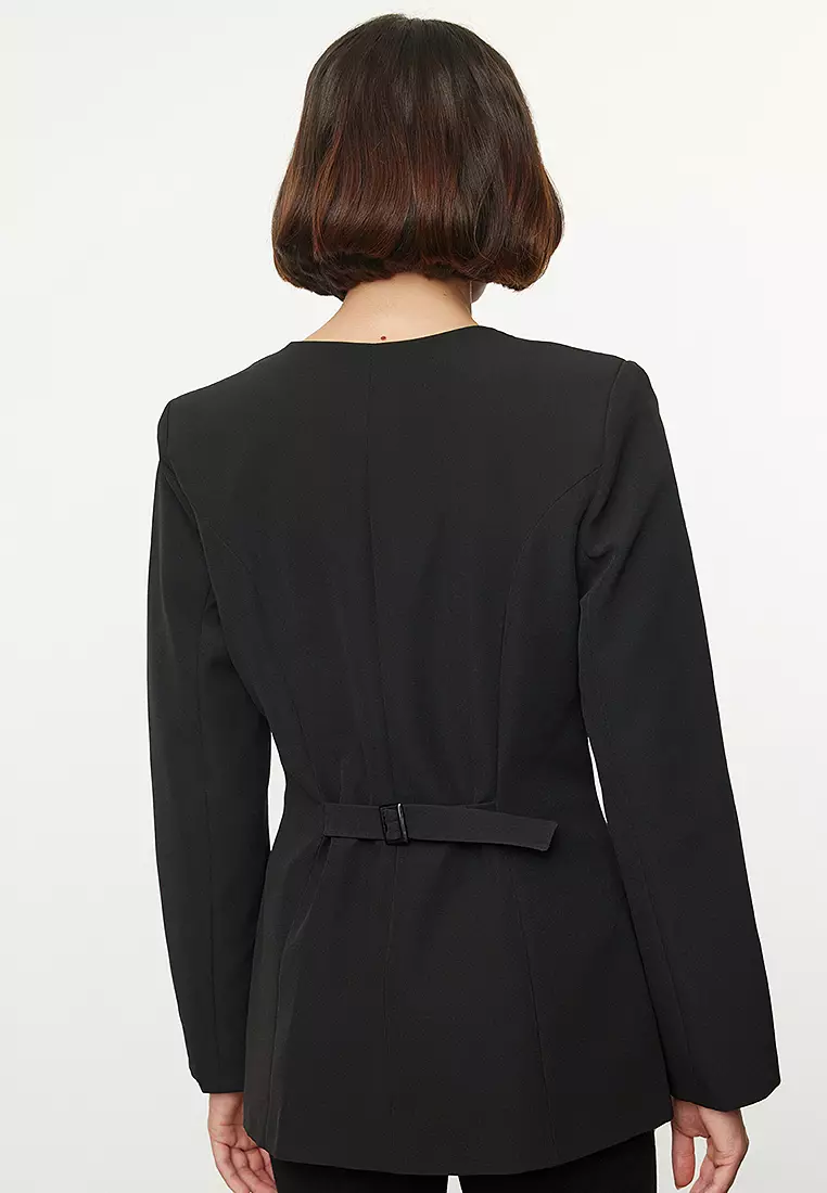 Black Round / Crew Neck Fitted Waist Woven Blazer Jacket