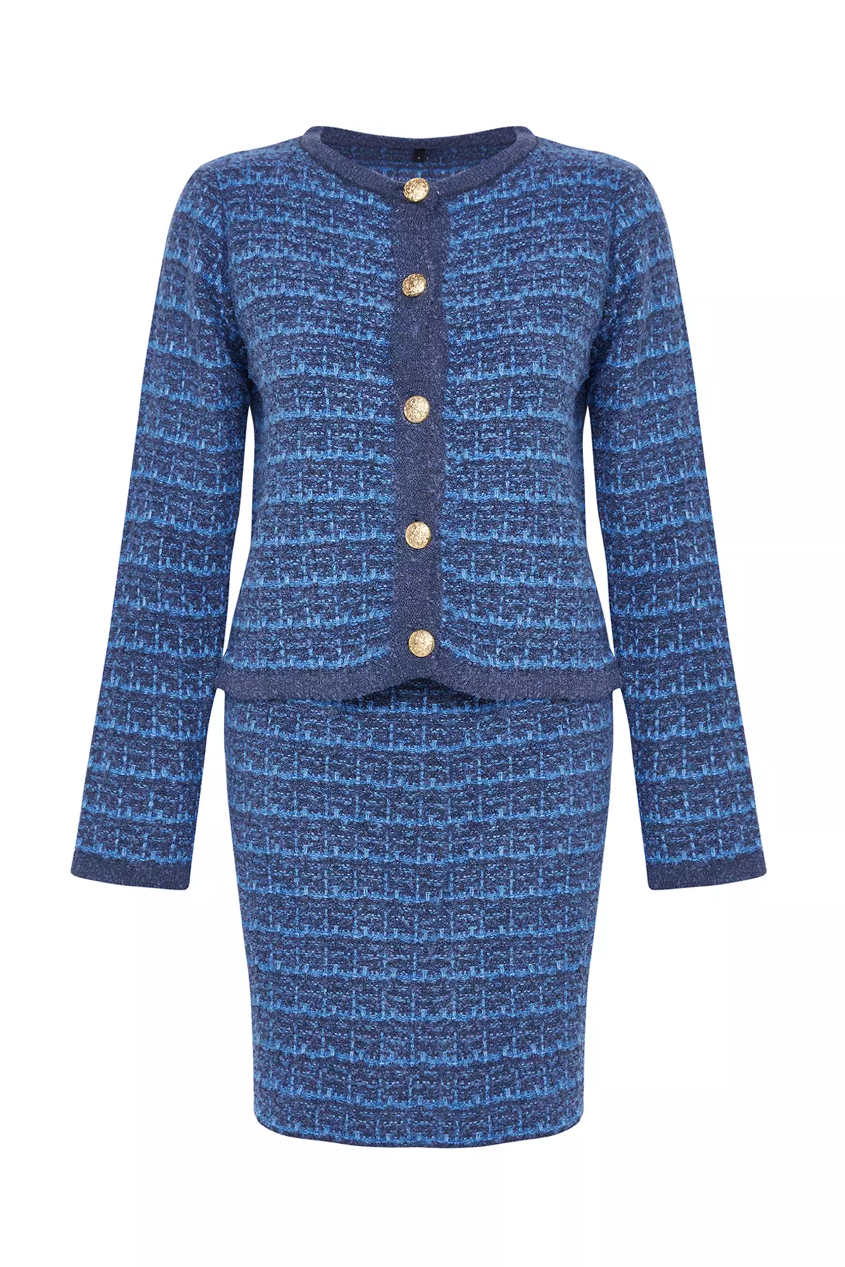 Indigo Knit Detailed Soft Texture Cardigan-Skirt Knitwear Bottom-Top Set TWOAW24AU00001