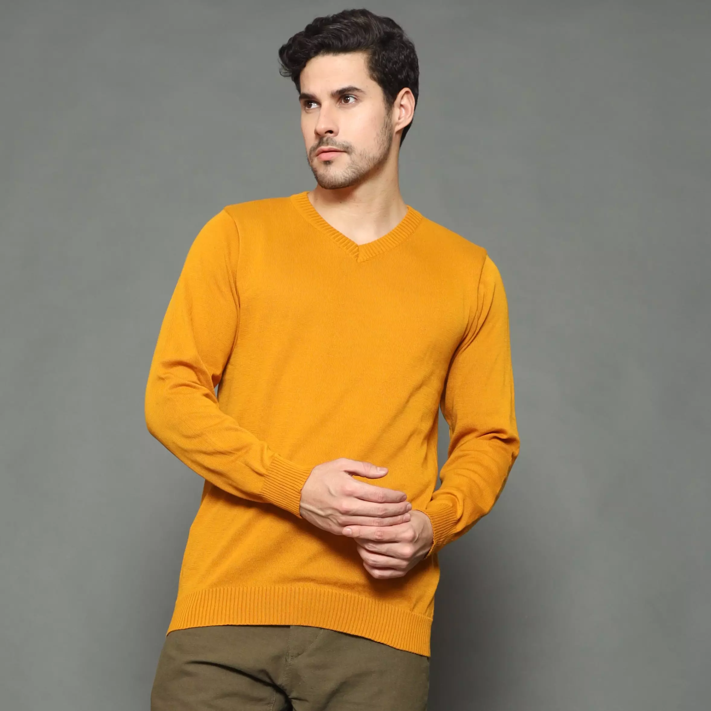  Vleur Knit Outer Pria Korean Style Sweater V Neck - CARAMEL