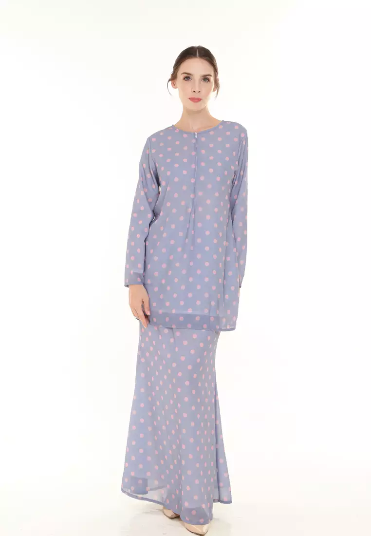Rina Printed Kurung in Dusty Blue Polka Dot