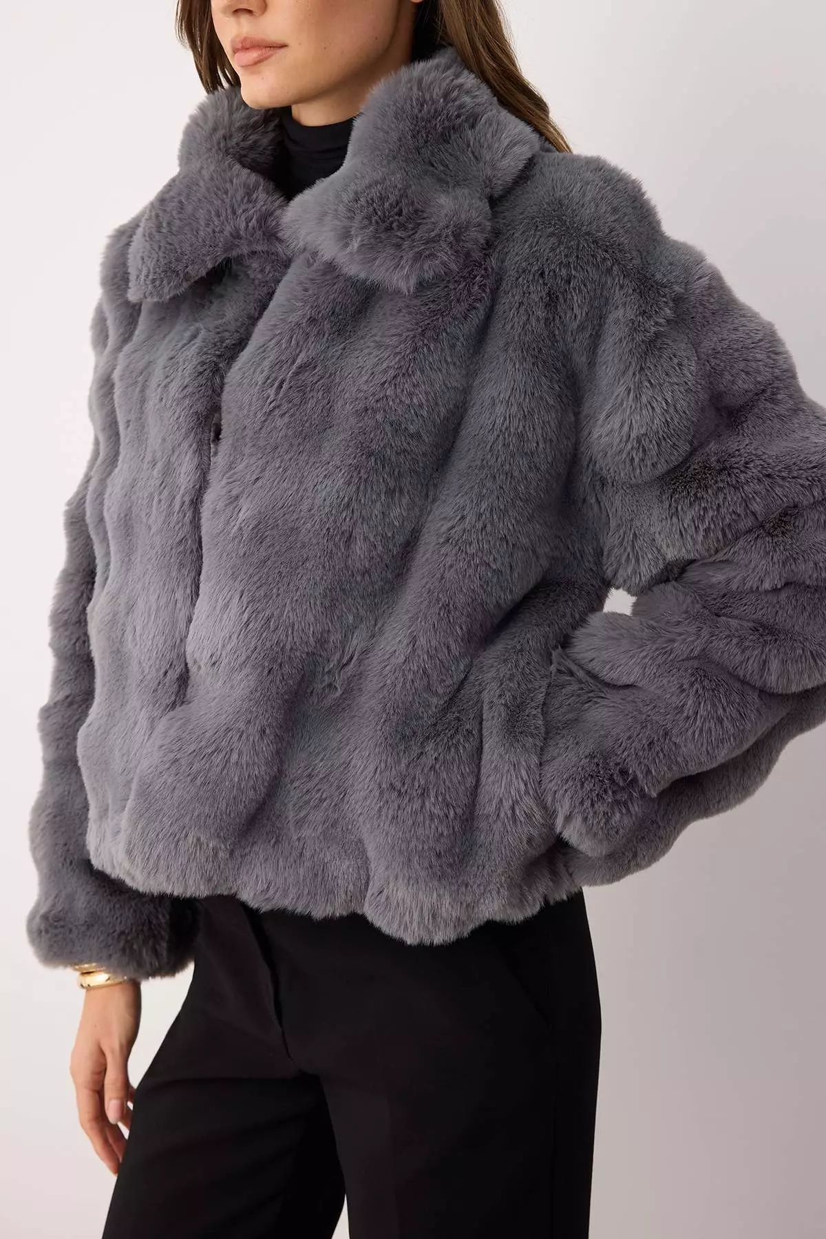 Gray Regular Fit Fur Coat