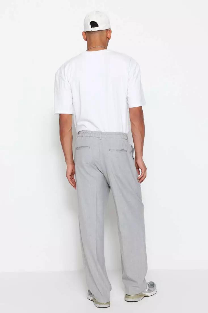 Men's Gray Palazzo Elastic Waist Pleated Pants