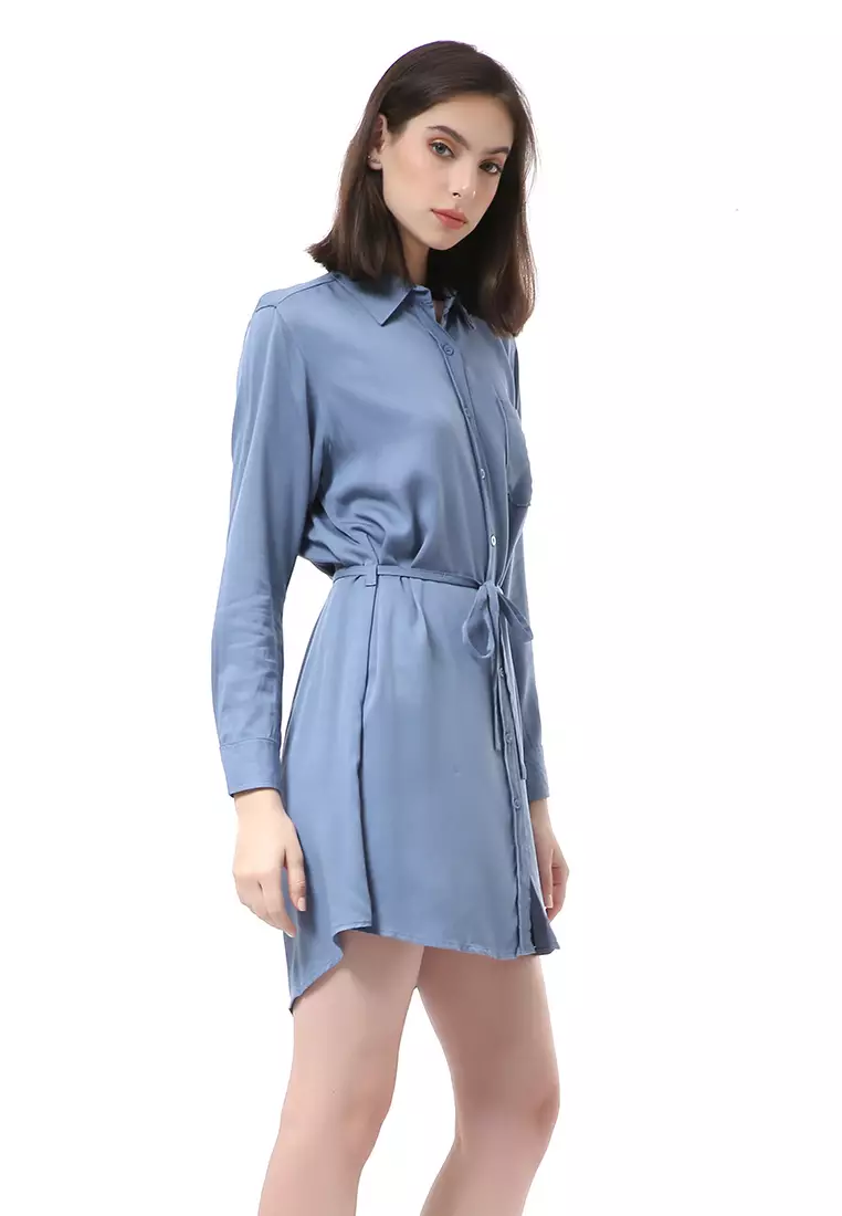 Rachel Dress Wanita Model Kemeja Full Kancing Long Sleeve Material Twill Rayon ORIGINAL - Blue