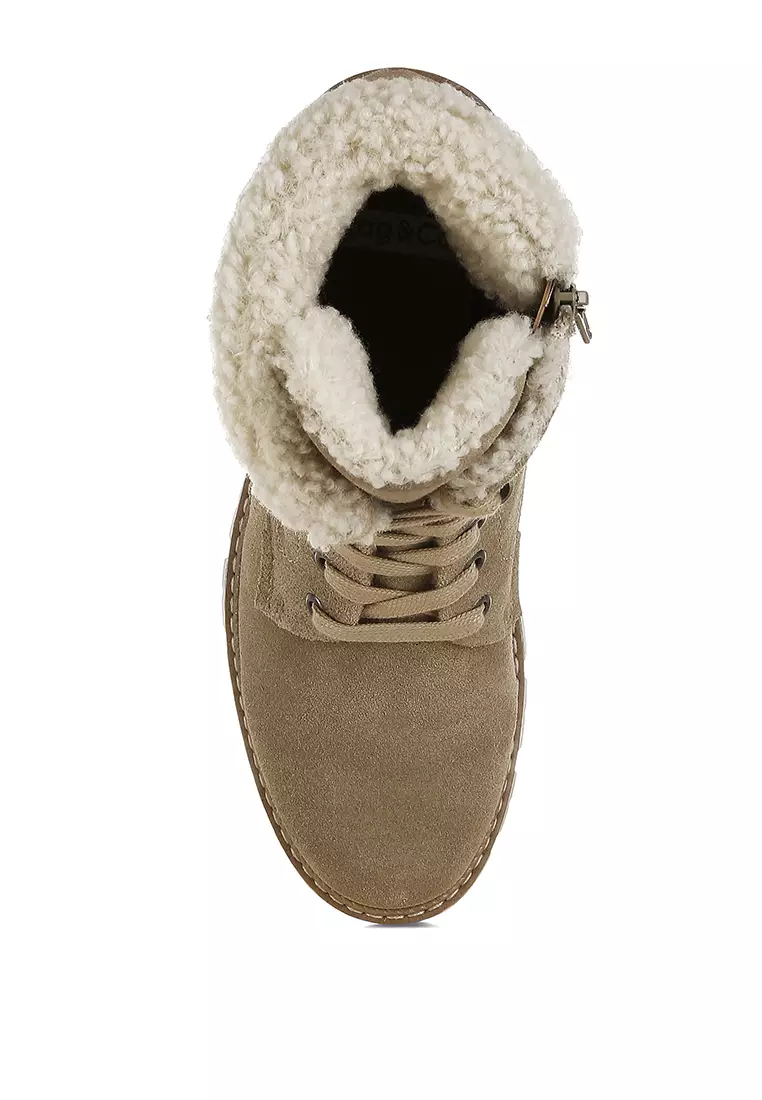Fur Collar Chunky Ankle Boots in Beige
