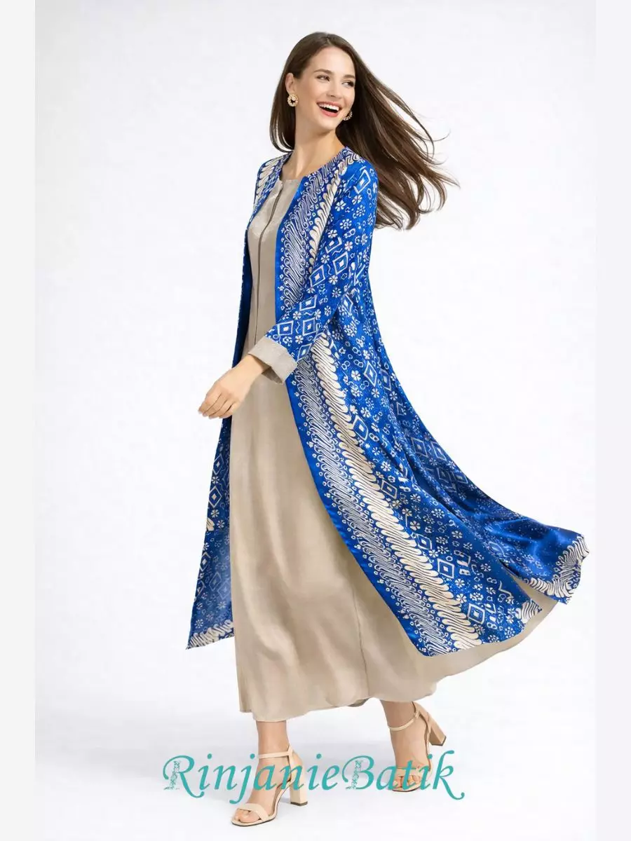Rinjanie Batik - PDEU BR - Gamis Ramadhani Dynamic Blue - Batik Cap - Dress Raya