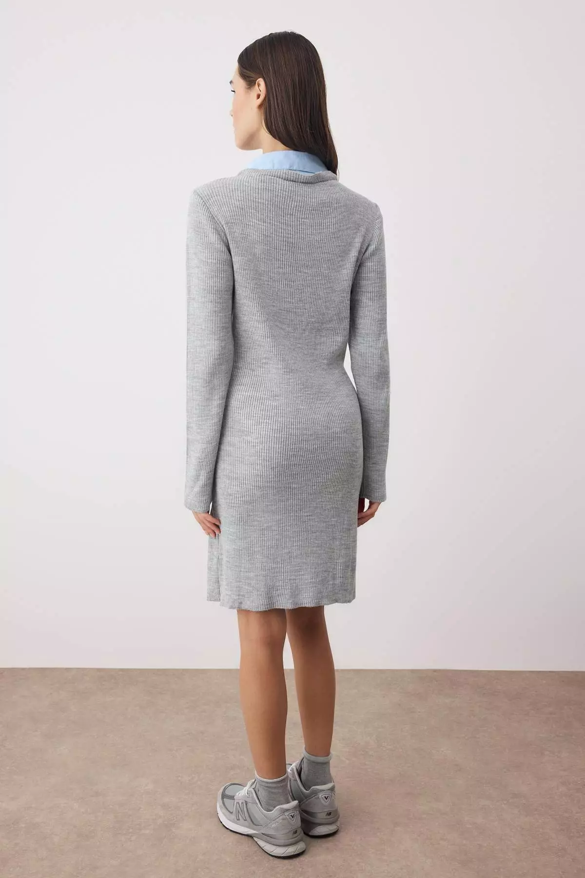 Gray Color Block Short/Mini Shirt Dress Fitted/Full Body Knit Dress