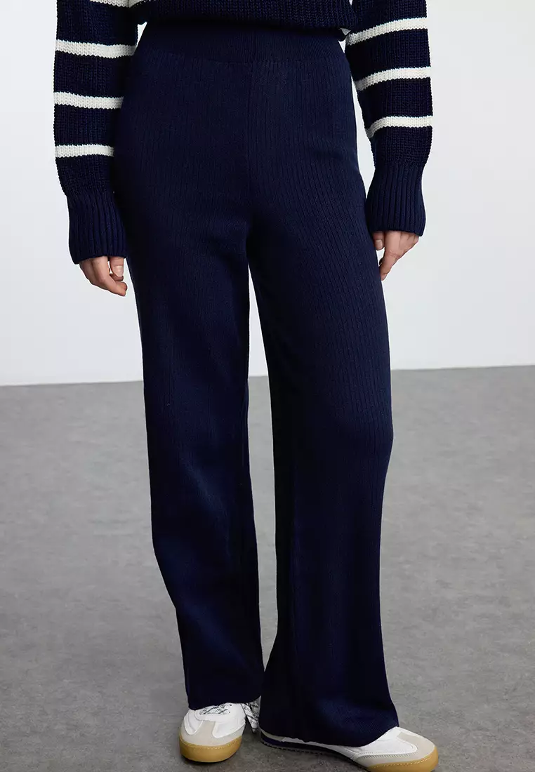 Navy Blue Zipper Detailed Selanik Striped Knitwear Top-Bottom Set TCTAW24US00058