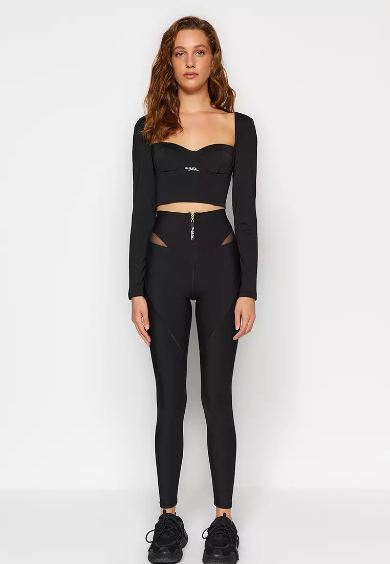 X Sagaza Studio Black Gathering Tulle Detail Full Length Sports Leggings TCLAW24TY00000