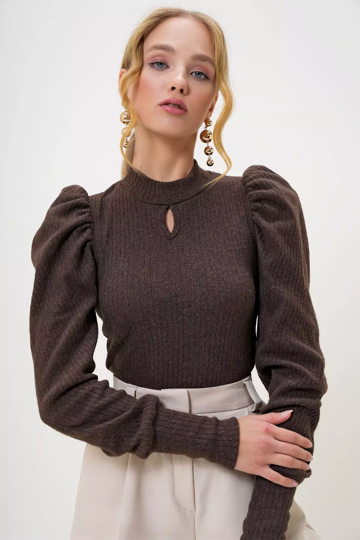Women's Brown Crew Neck Drop Neck Princess Sleeve Knitwear Blouse