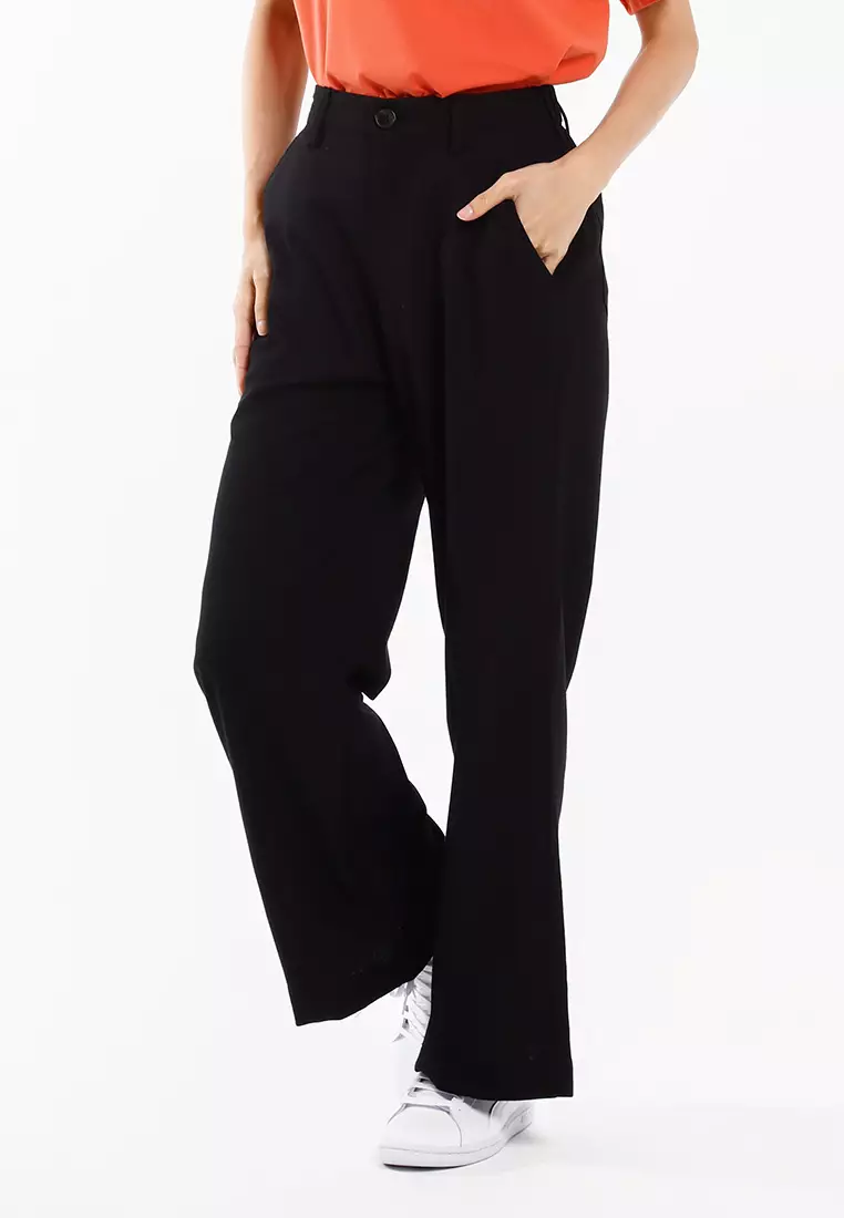 Forest Ladies Cotton Linen Blend Elastic Waisted Wide Leg Pants Women Long Pants - 810547-01Black