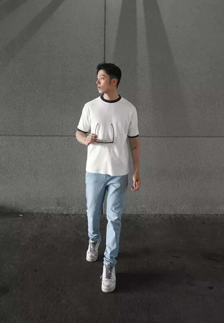 Kale Ringer White Navy / Cotton Cloudy / Kaos Boxy Fit / Kaos Korea / Atasan Kaos Pria / Kaos Basic Pria