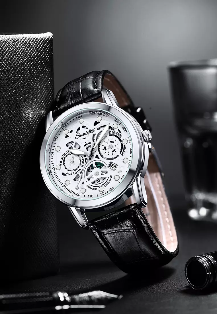 Jam Tangan Pria Dial Berongga Anti Air Kuarsa Tali Kulit Jam Pria Original Santai Mode Jam Tangan Cowok 7001 black white