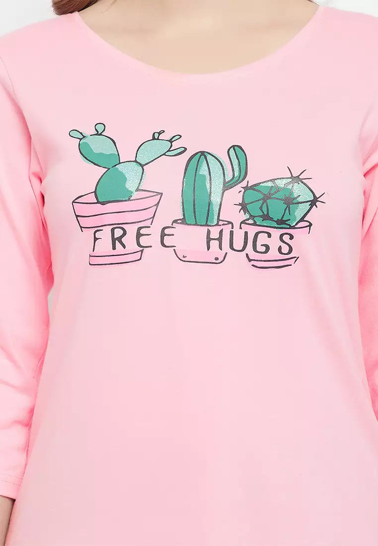 Clovia Cactus Print Top in Baby Pink & Chic Basic Shorts in Grey - 100% Cotton