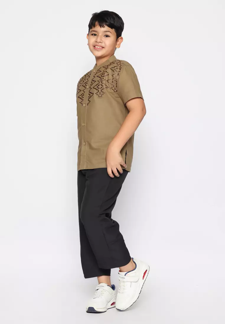 Baju Koko Set Anak Laki Bordir Vertical Dark Green - GENUINE