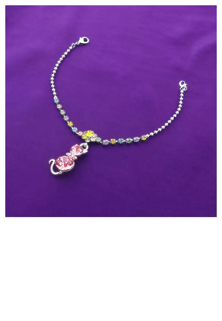 Dazzling Flower Bracelet with Cat Charm and Multi Color Austrian Element Crystals