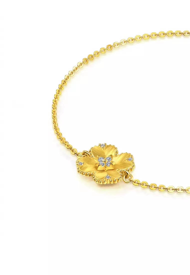 999 24K Solid Gold Rhyme Four-Leaf Clover Diamond Bracelet for Women 95101B