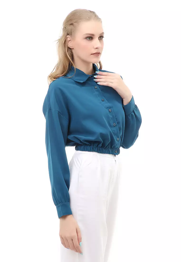 Holly Atasan Kasual Wanita Kemeja Lengan Panjang Shirt Long Sleeve Variasi Karet Pinggang Material Woven ORIGINAL - Tosca