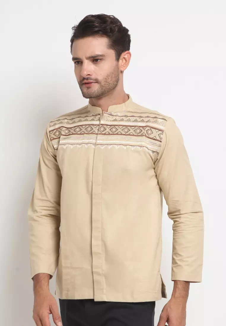 LARUSSO Big Size Kemeja Koko Bordir Katun Dobby Panjang - Beige L019