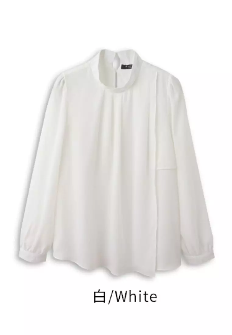 Pleated High-Neck Puff Sleeve Long Sleeve Blouse [AB19778]