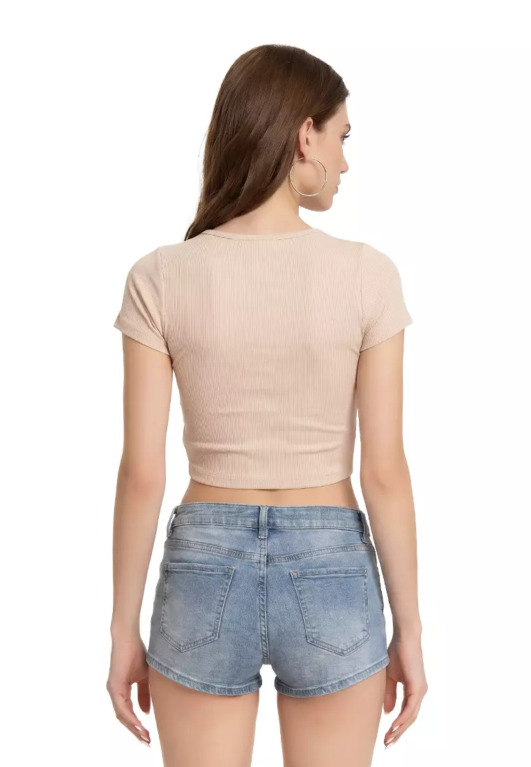 Beige Drawstring Detail Crop Top